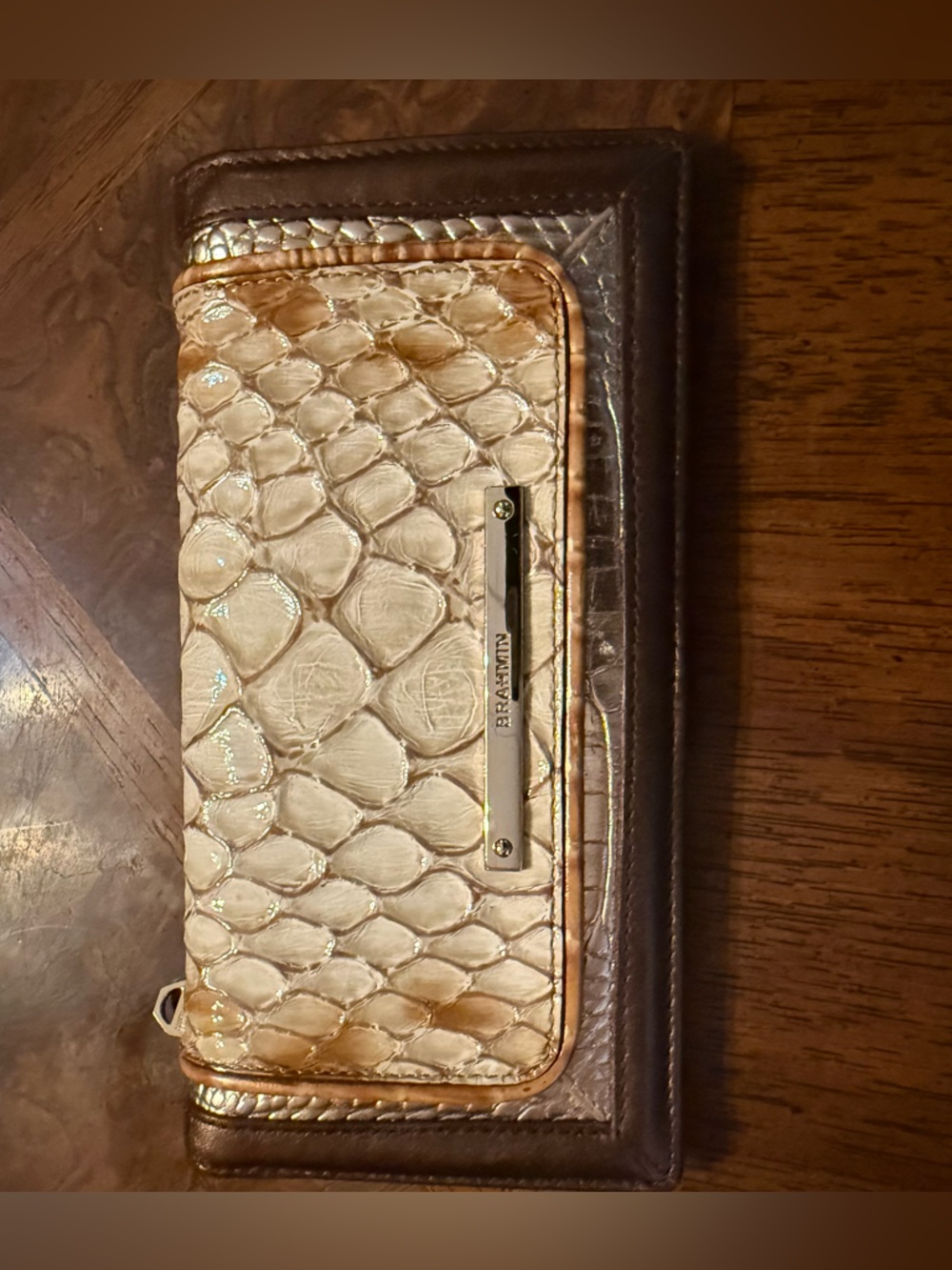 Brahmin Cream Brown Bronze Honey Iridescent  Croc Embossed leather Wallet